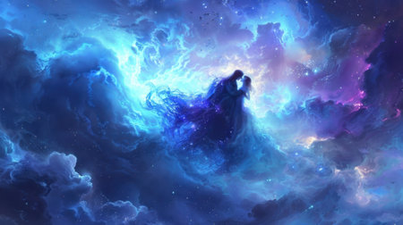 Shimmering fragments danced and swirled within the luminous dust clouds creating a celestial balletの素材