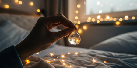A steady hand with a glimmering droplet captured in tight focus against the backdrop of a cozy softly lit bedroom..の素材