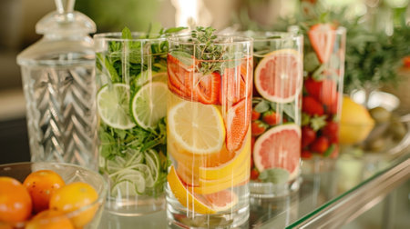 A DIY water infuser station where guests can customize their own water with slices of their favorite fruits and herbsの素材