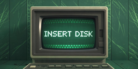 OldSchool Matrix A dark green screen shows a retro computer interface with the message Insert Disk in a blocky font. Above it marbled pixel patterns subtly animate reminiscing an.の素材