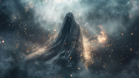 As the dust settles a mysterious figure emerges from the center cloaked in a veil of sparkling particlesの素材