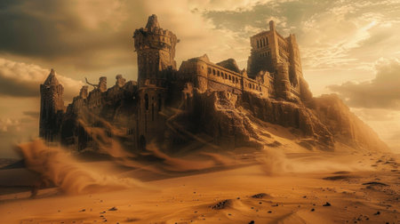 The ruins of an old castle were covered in a layer of enchanted sand particles revealing secrets of the past to those who dared to exploreの素材