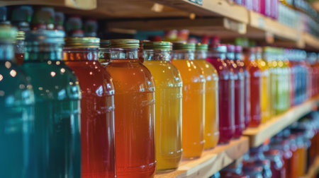 Brightly colored jars of kombucha line the shelves behind the stand showcasing a variety of flavorsの素材