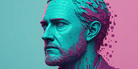 Glitched Portrait A face rendered in sharp blocky pixels where the features are vibrantly colored in teal and magenta. The image appears to be melting with digital glitches causing.の素材