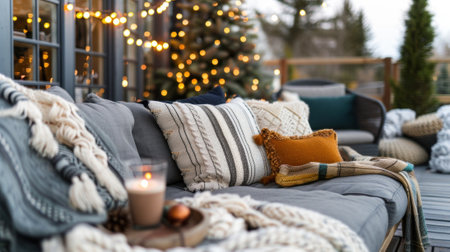 A serene and cozy outdoor setting complete with comfortable cushions and blankets perfect for sipping on hot cocoa and indulging in sweet treatsの素材