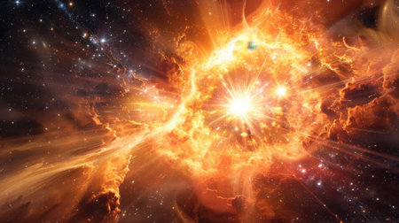 In the distant galaxy a star exploded and released a brilliant burst of radiant energy streams lighting up the darkness and igniting the birth of new starsの素材