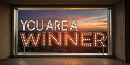 Glowing Triumph A luminescent window pops up with a silver border proclaiming You Are a Winner in striking metallic letters. The background shimmers like a sunset enhancing the.の素材
