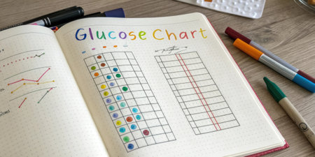 An overhead shot of a notebook with a handwritten glucose chart showing various colored markers indicating different target ranges and notes in the margins..の素材