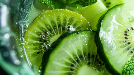 A closeup of a blender filled with a blend of fresh cucumber mint and kiwi a refreshing and hydrating detox optionの素材