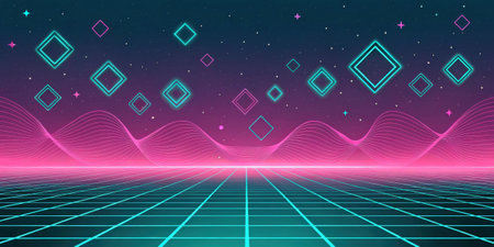 Glitchy Memories A mesmerizing gradient grid in neon pink and teal serves as a backdrop adorned with glitchy floating squares and wavy lines reminiscent of vintage computer.の素材
