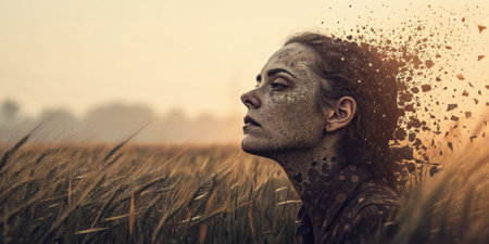 Glitching Memories A wistful face emerges from a field of noise and static with sharp edges and blurred spots that signify fading memories. The warm color palette reminisces about.の素材