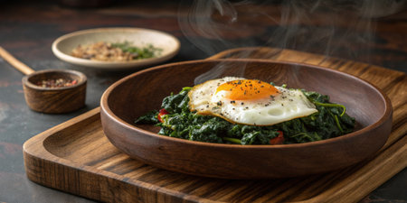 A rustic plate holding a delicate baked egg in a nest of seasoned sautÃ©ed greens with steam rising invitingly..の素材