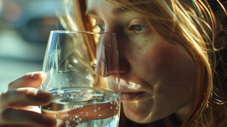 A woman carefully sniffs and swirls a glass of spring water analyzing its aroma and taste notesの素材