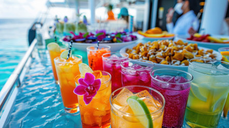 A festive spread of colorful mocktails and snacks served during a nobooze sunset cruiseの素材