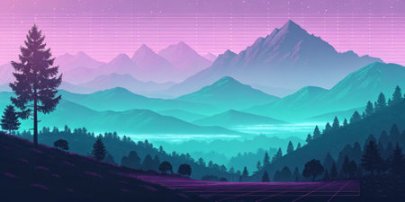 Pixelated Memories A hazy landscape of glowing mountains bathed in violet and teal covered with a layer of shifting digital noise. The foreground features subtle glitch effects.の素材