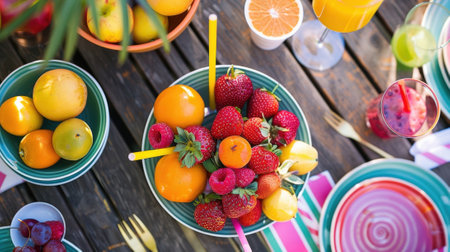 A table adorned with colorful straws napkins and bowls of fresh fruit setting the scene for a relaxing Sunday afternoonの素材