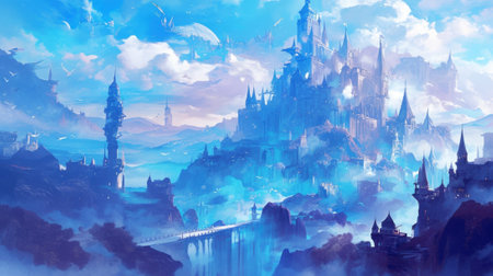 The ling magic mist enveloped the castle giving it an otherworldly aura as if it existed in a different realmの素材