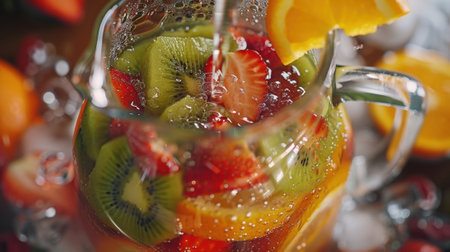 A variety of fruits including oranges strawberries and kiwis being sliced and added to the sangria pitcherの素材