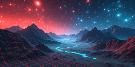 Neon Wilderness A landscape of blocky mountains and valleys under a glitchy starfilled sky. The stars are rendered as flashing pixels in bright red and blue while the terrain.の素材