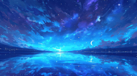 As the clouds parted moonbeams danced across the water creating a dreamy and ethereal reflection on the lakes surfaceの素材