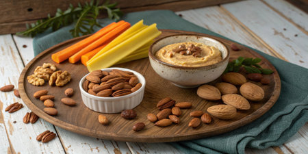 A rustic platter displaying a handful of mixed nutsalmonds walnuts and pecansaround a small bowl of hummus accompanied by bright yellow carrot sticks..の素材