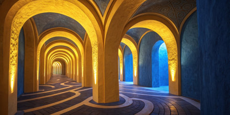Maze of Light A complex network of curved hallways lined in warm yellow and rich blue tones morphs and shifts creating a sense of dynamic movement as the viewer journeys deeper.の素材