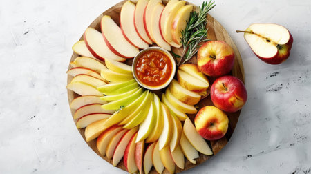A platter of sliced apples and pears paired with a dipping sauce made from seasonal esの素材