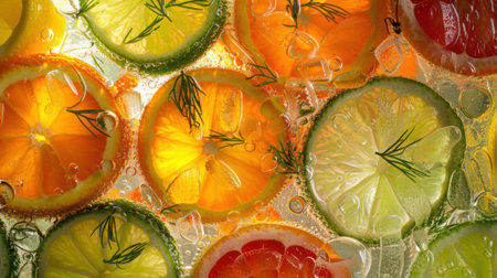 Colorful fruit slices and herbs adorn glasses of sparkling clear water making for a refreshing summer treatの素材
