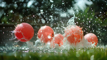 A playful water balloon fight in the backyard with watermelonshaped balloons bursting and splashing water everywhereの素材