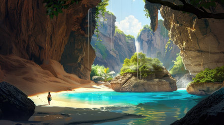 A curious traveler stumbled upon a hidden oasis where the water was full of enchanted sand particles that granted wishesの素材