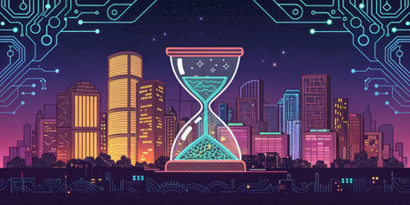 Neon Cityscape A vibrant loading screen filled with neon colors reflecting a bustling cybernetic world. The spinning hourglass cursor is framed by intricate circuit patterns.の素材