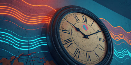 Noisy Time Capsule A vintage clock face frozen in time engulfed by vibrant colors and gritty digital noise. Waves of neon blue and orange wash over the surface reminiscent of a.の素材