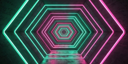 Inter Octagon An octagonal shape intertwined with alternating neon colors of green and pink pulsates as glitch effects distort the outlines creating a mesmerizing illusion of depth.の素材
