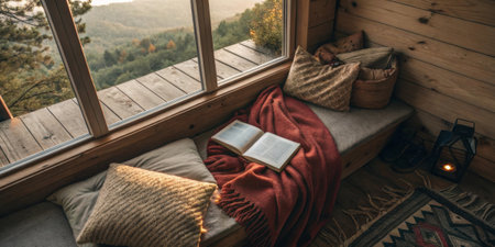 An overhead shot of a cozy nook with cushions and a blanket inviting relaxation with a book p nearby emphasizing a personal space for unwinding..の素材