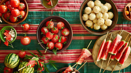 A table covered in red and green striped tablecloth adorned with bowls of watermelon balls and skewers of watermelon and feta cheeseの素材