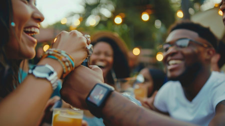 Someone wearing a wristband with the words 100 Days Sober on it beaming with pride as they are congratulated by friends at a barbecue celebrationの素材
