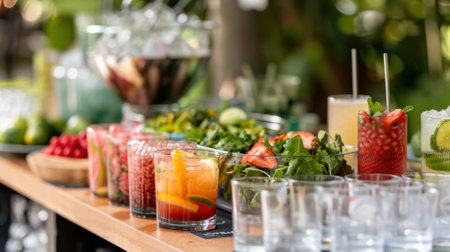 A mocktail station set up with different stations for mixing garnishing and tastingの素材