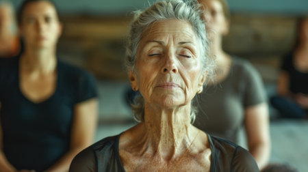 The workshop takes a moment to pause and practice a breathing exercise with the instructor reminding everyone to take deep intentional breathsの素材