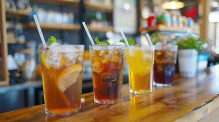 A refreshing iced tea bar with various flavors to choose from giving customers the chance to customize their caffeinefree drinksの素材