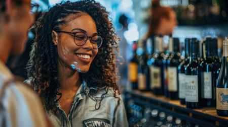 A satisfied guest leaving the event with a bottle of their favorite nonalcoholic wine ready to share their newfound discovery with friendsの素材