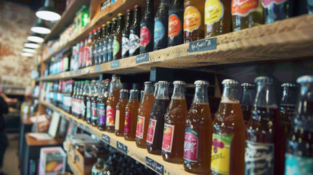 A shelf filled with locally made artisanal sodas offering customers a unique and caffeinefree beverage experienceの素材