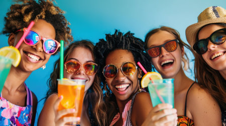 A group of audience members standing in line for the photo booth posing with silly props and their nonalcoholic drinks in handの素材