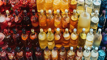 A display of various types of nonalcoholic wines ranging from reds to whites to rosÃÂ©sの素材