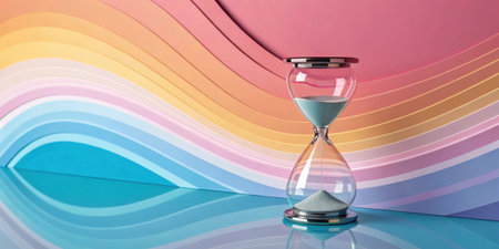 Colorful Gradient Wave A loading screen illuminated by bright pastel colors in a smooth gradient. In the center a large spinning hourglass cursor glimmers with a soft glow casting.の素材