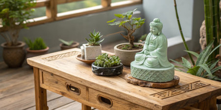 Wooden Feng Shui Table A rustic wooden table adorned with a s figurine carved from jade accompanied by small potted plants to enhance positive energy flow..の素材