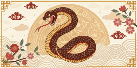 Coiled Serpent An elegant coiled s design with intricate scales and a tongue flicking out framed by traditional Chinese motifs like clouds and blossoms..の素材
