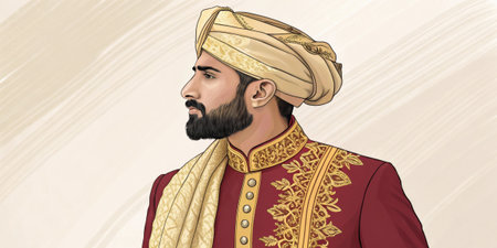 Indian groom wearing traditional sherwani and turban posing elegantlyの素材