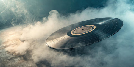 A nostalgic representation of a spinning CD partially obscured by a soft mist as it rotates hypnotically in the center of the screen evoking the excitement of waiting for soing new.の素材