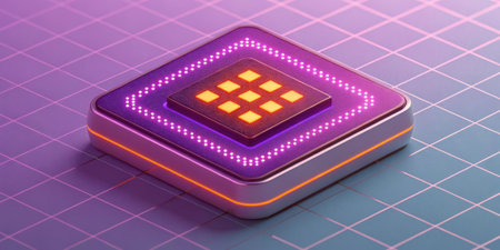 A squareshaped button filled with a shimmering purple gradient made up of tiny squares outlined in glowing orange pixels. The background features a soft grid pattern enhancing the.の素材