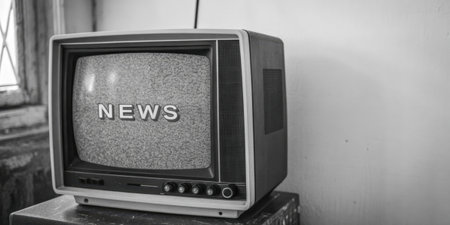 Classic Monochrome An old blackandwhite CRT monitor broadcasts a somber news ticker at the bottom. The simple bold text glides across the screen in crisp clarity capturing a sense.の素材